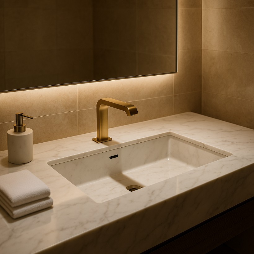 Architectural section of lavatory sink and plumbing assembly